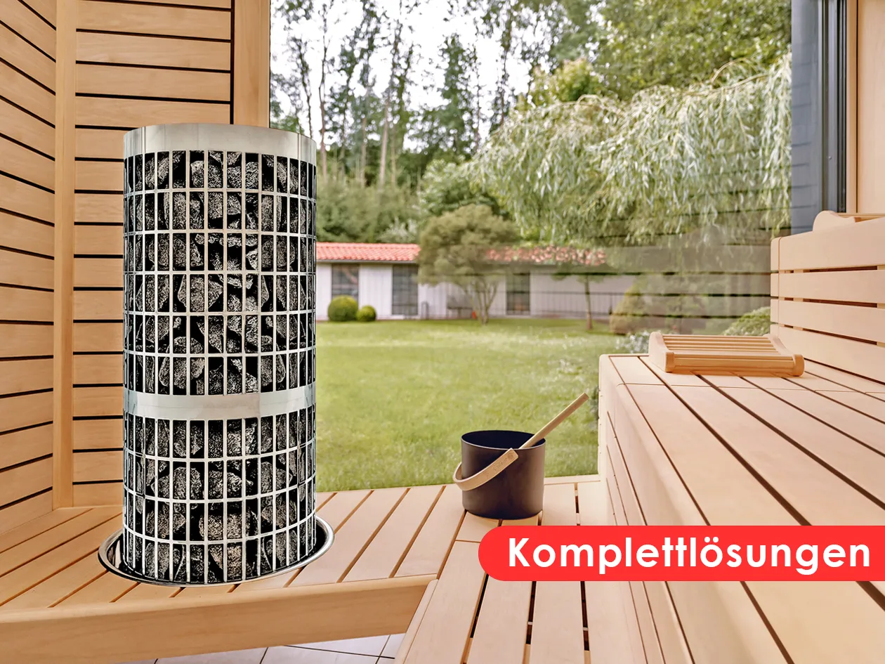 Komplettlösung: Sauna mit Saunaofen und Blick in den Garten