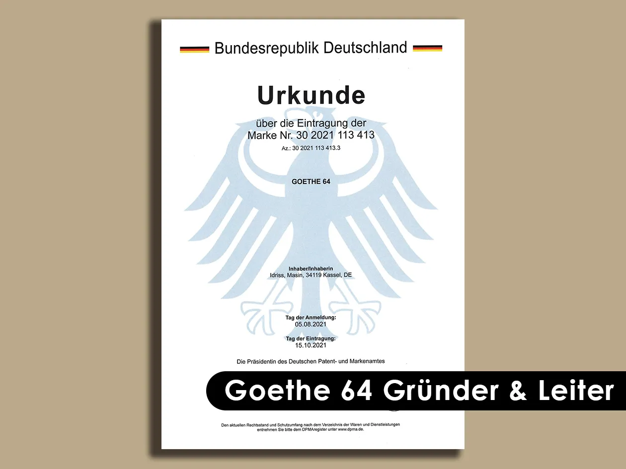 Urkunde über die Eintragung der Marke GOETHE 64 beim Deutschen Patent- und Markenamt