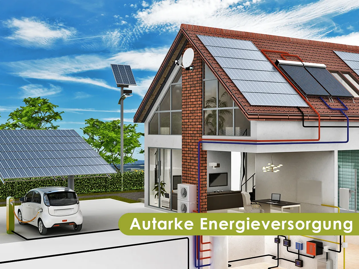 Schnittbild eines Hauses mit Photovoltaik, Solar-Carport und Elektroauto – autarke Stromversorgung