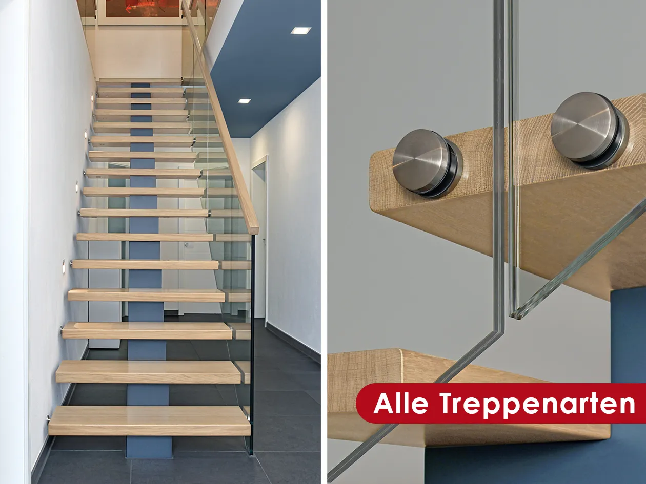 Holztreppe mit Glasgeländer, links die Gesamtansicht, rechts eine Detailaufnahme der Befestigung